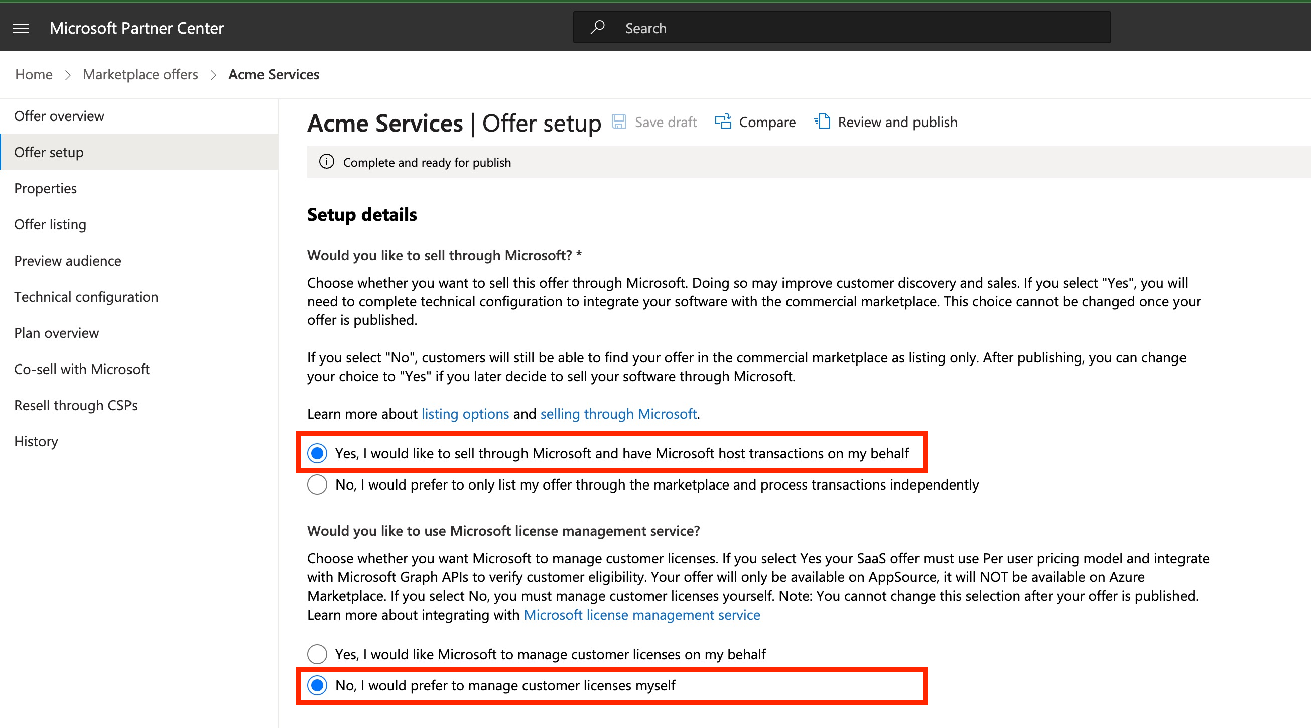 Azure offer setup