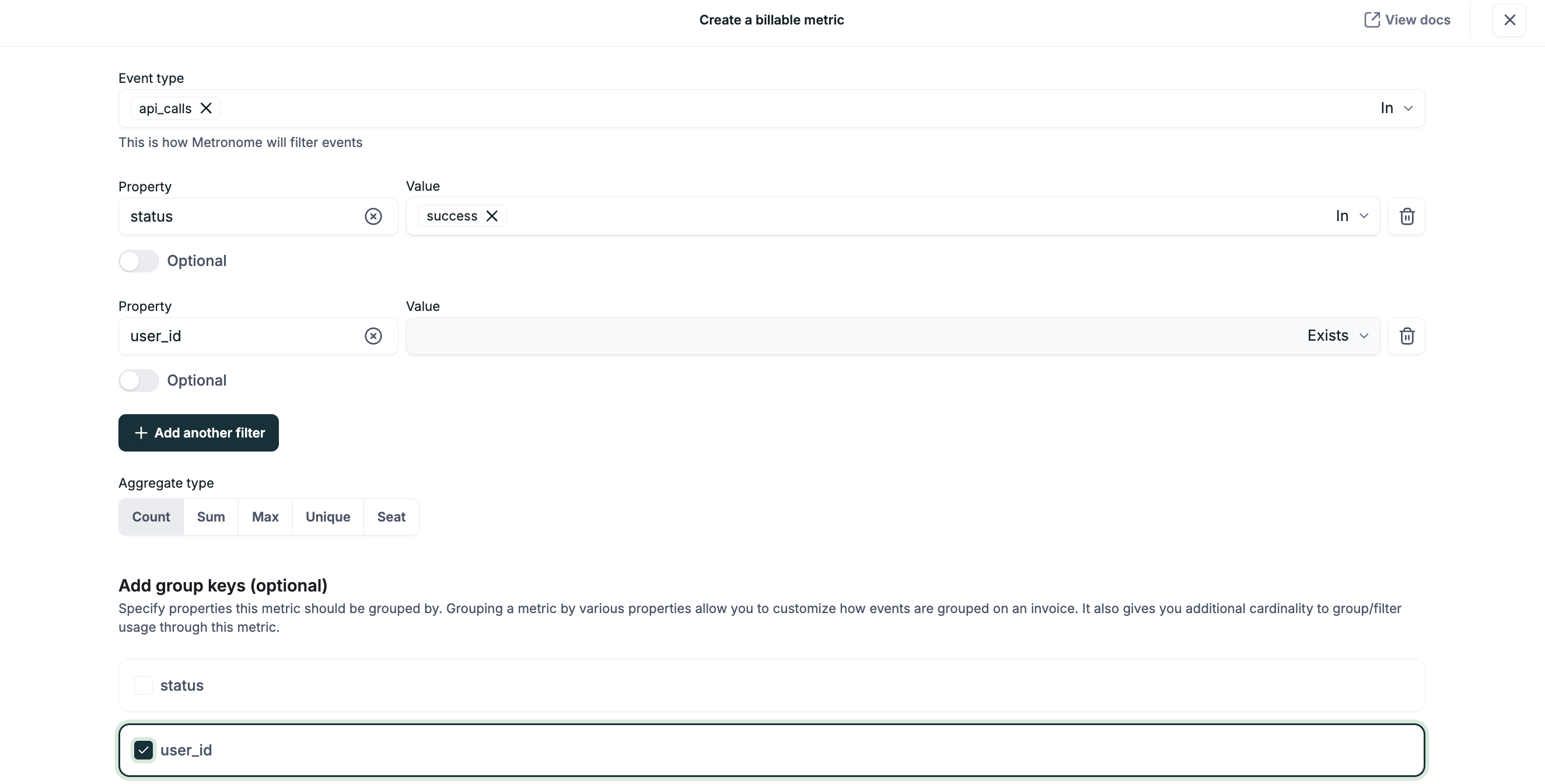 Billable metric creation flow