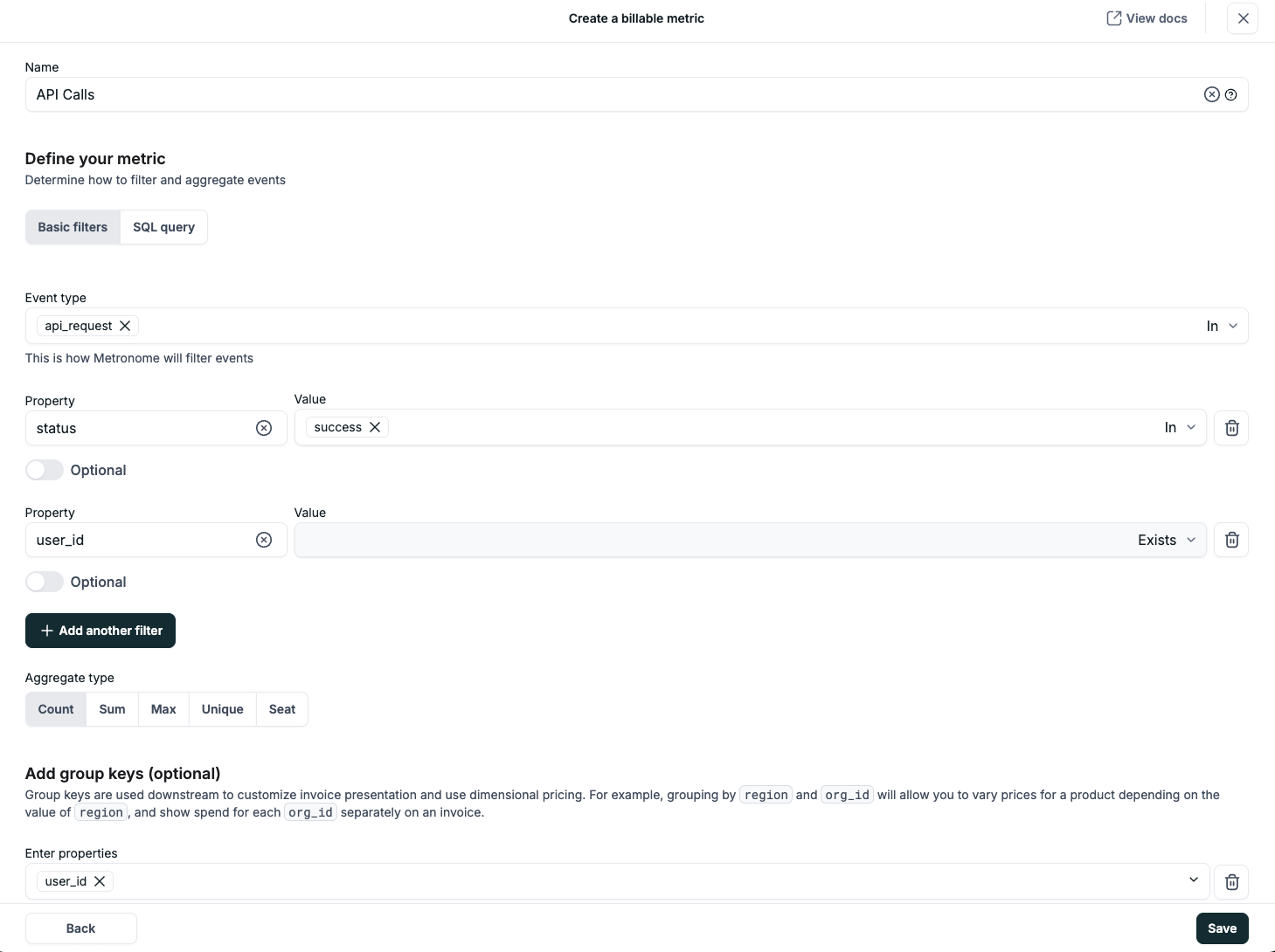 Billable metric creation flow