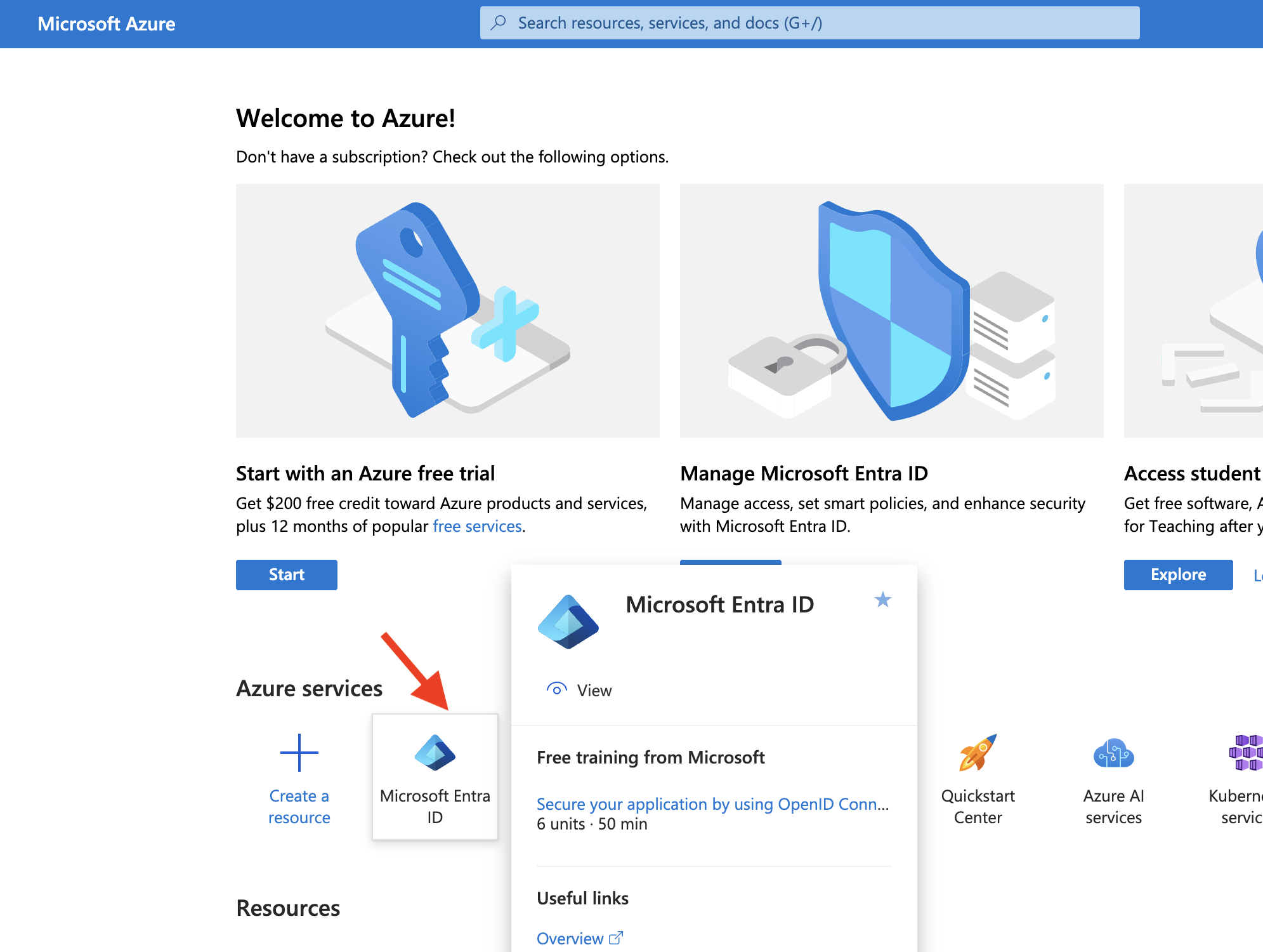 Azure Home: Select Microsoft Entra ID f.k.a. Azure Active Directory